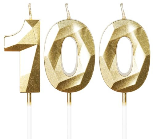 Candela a forma di numero per 100° compleanno, colore oro, decorazione per feste, matrimoni, anniversari
