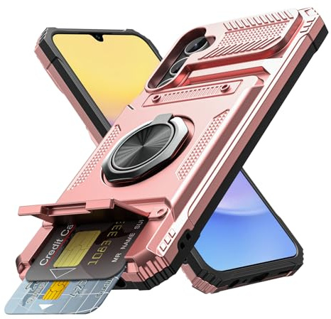 Coolden for Samsung A15 Phone Case with Card Holder [Max 2 Cards] Ring Kickstand Shockproof Military Grade Heavy Duty Protective Case Wallet Case Cover for Samsung Galaxy A15 Phone Case-Rose Gold