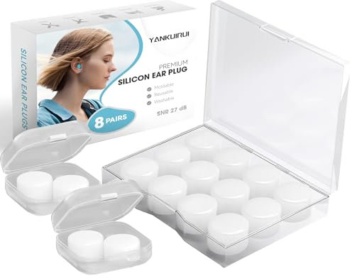 8 Pairs Silicone Ear Plugs for Sleeping, 27dB Sleep Noise Cancelling, Soft, Re-Usable, Waterproof, Premium Moldable Silicon Earplugs, for Sleep, Travelling, Studying, Wax Plug White