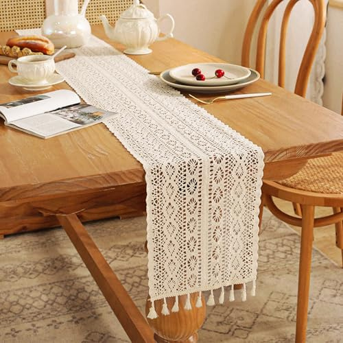 Tischläufer Boho, Gehäkelte Tischläufer Quasten Tischläufer Spitze Boho Tischwäsche Rechteckige Häkelspitze Mesh Tischdecke Klassische Hochzeit Tischdecke Vintage Tassel Tischdeko Tablerunner 30x120cm
