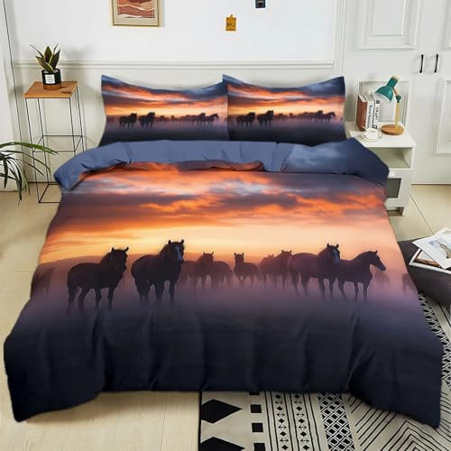 Generisch Bettwäsche 155x220 cm Sonnenaufgang Tier Pferd Bettbezug mit Reißverschluss Weiche Baumwolle Mikrofaser Bettwäsche-Sets für Kinder Jungen Mädchen Jugendliche