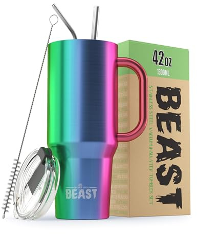 Beast Tumbler with Handle - 1300 ml (42 oz), Rainbow | Reusable Stainless Steel, Vacuum Insulated Cup | with + 2 Straws & Cleaning Brush | Double Wall Travel Flask Perfect for Hot or Iced Coffee