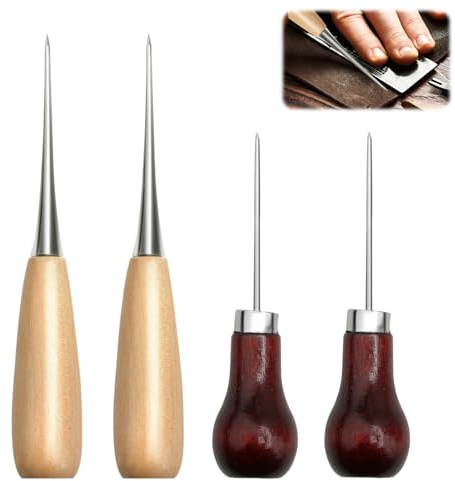 4PCS Bradawl Tool - 2 Types Wooden Gourd Shape Awl Tool for Wood | Brown Beige Reusable Sewing Awl Tool for Leather Punching Sewing Paper Crafts or DIY Manual Needle Punching