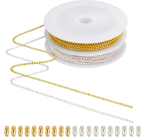 SOFPLATE 30 Feet/9M 1.5mm Gold Ball Chain Roll Dog Tag Bead Chain Brass Small Round Faceted Pull Extension Metal Silver Beaded Link Chains Connector for Jewellery Making Necklace Bracelet DIY Craft