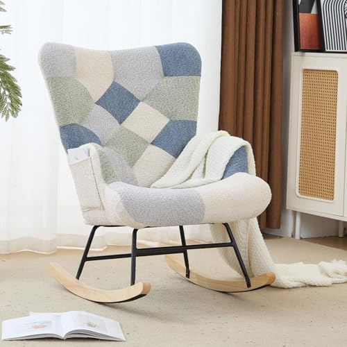 ETCZOYE Nursery Rocking Chair Teddy Upholstered Glider Rocker Rocking Accent Chair with High Backrest Armchair Comfy Side Chair for Living Room, Bedroom, Offices (Spliced Blue)