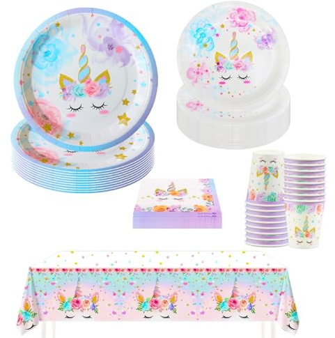 Hmfmdy Einhorn Partygeschirr Set, 69 Stück Einhorn Party Deko, Einhorn Geburtstag Geschirr Kit Mit Pappteller Becher Servietten Tischdecke, Kindergeburtstag Party Geschirr Supplies für 16 Gäste
