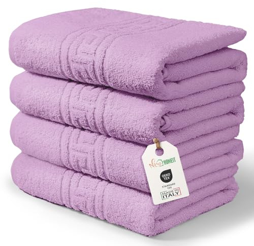 nice homeit Lot de 4 Serviettes de Bain en 100% Coton filé à Anneau – Set de Serviettes de Bain Extra Douces et absorbantes. Fabriqué en Italie – Lilas (60 x 100)