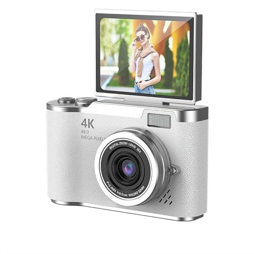 4K CCD Camera, Digital CCD Camera with a 2.4-inch High-Definition Display Screen for Flip Screen Shooting, Front-Facing Functions for Photography, Filtering, 8X Zoom (White)