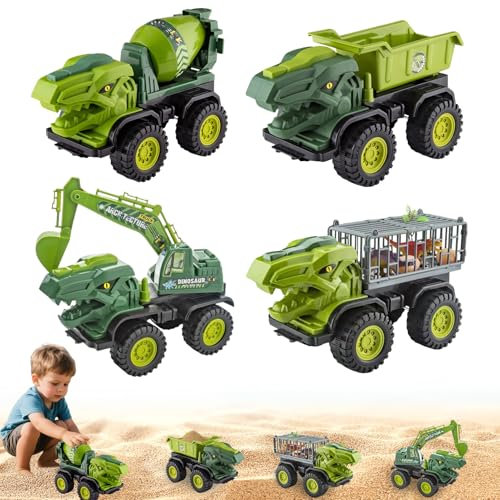 Baustellenfahrzeuge ab 3 Jahre,4 Stück Dinosaurier Sandkasten Spielzeug Set mit Mischer，Bagger,Transporter,Kipplaster,Robuster Sandspielzeug Fahrzeuge Auto Geeignet als Sandspielzeug für ab 2+ (02)