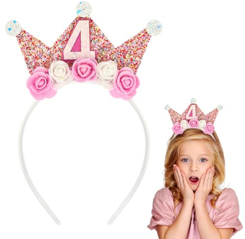 Alaoo Diadema con Corona de Cumpleaños, 4 Años Corona de Cumpleaños con Flores de Rosa, Accesorios de Cumpleaños con Purpurina para Mujeres Niñas Cumpleaños Fiestas