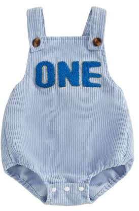 MAHUAOYIXI Baby Boys Girls 1st Birthday Outfit Letter Embroidery Sleeveless Square Neck Corduroy Romper Infant Baby Bodysuits Birthday Gift for Toddler Girls Boys (Blue, 6-12 Months)