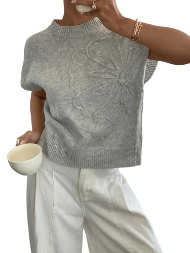 GORGLITTER Strickpullover Damen Kurzarm Pullunder Strickweste Mit Blumen Strickoberteile Kurzarmpullover Strick Top Herbst Outfit Mode Grau M