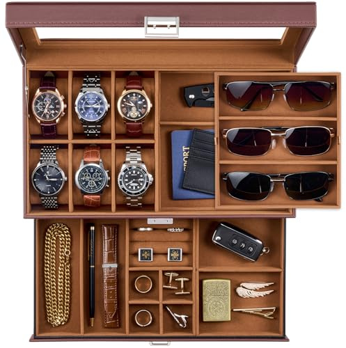 ProCase Caja Joyero para Hombres, Organizador Relojes 6 Espacios con Cerradura + 3 Ranuras para Gafas y Compartimentos para Anillos,Cadenas y Accesorios,PU Cuero,Tapa de Cristal- Marrón
