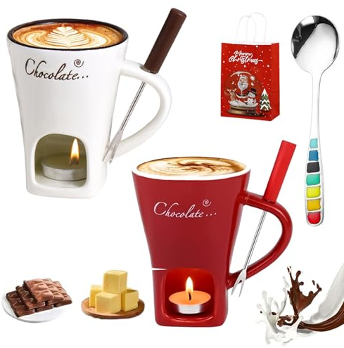 NNBWLMAEE Chocolate Fondue Mug with Forks, Chocolate Melting Cup, Chocolates Fondue Mug Set, Tea Light Heating Butter Warmer, for Cheese Chocolates Butter (2pcs-1)
