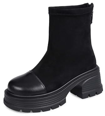 Generisch Botines Mujer Con Tacón,Botines Cortos Para Mujer,Plataforma Antideslizante Tacón Bloque Con Cremallera Lateral Zapatos Individuales Zapatos Casuales Planos, Negro , 41 EU