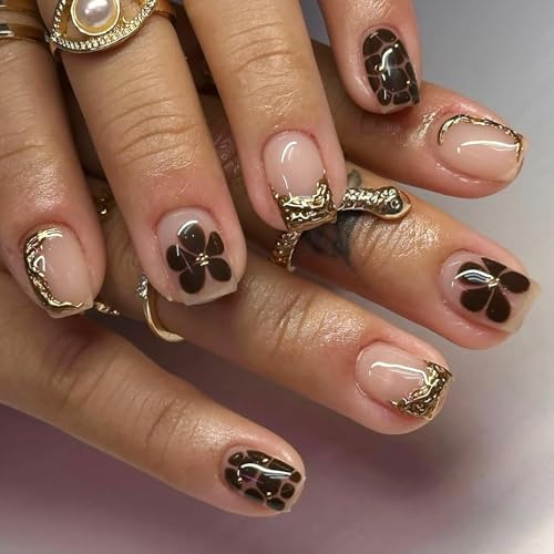 TESGADGETS 24 pezzi unghie finte dorate a punta francese corte quadrate 3D motivo leopardato con design floreale unghie adesive lucide da auto-applicare per donne e ragazze