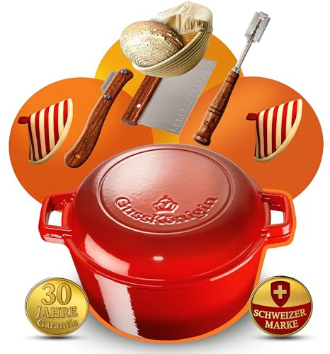 GUSSKÖNIGIN 2in1 Brottopf 26 cm– Gusseisen Topf Brot Backen als Dutch Oven– Emaille Brotbacktopf & Brotbackform– Bratentopf/Schmortopf mit Deckel für Induktion– Gadgets für Bäcker- 30 Jahre Garantie