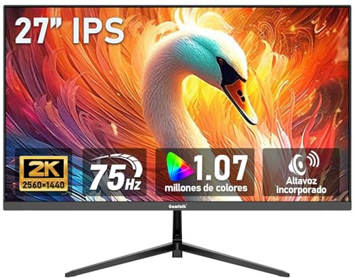 Gawfolk Monitor de PC IPS de 27 Pulgadas 2K QHD (2560×1440), 75Hz, Pantalla para Gaming, 1ms, Adaptive Sync, 100% sRGB, 1.070 Millones de Colores, DisplayPort 1.4, HDMI 2.0, Altavoz Integrado - Negro