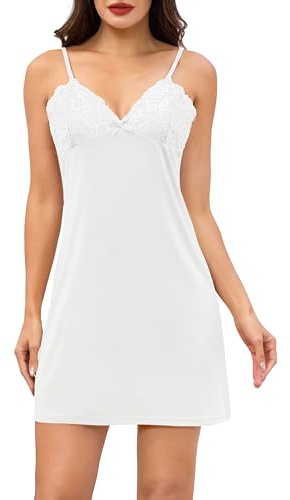 Sopesil Sottoveste da Donna in Pizzo Lingerie Sexy Spalline Sottili Camicia da Notte Donna con Scollo a V Camicia da Notte per Taglie Forti Bianco,XL