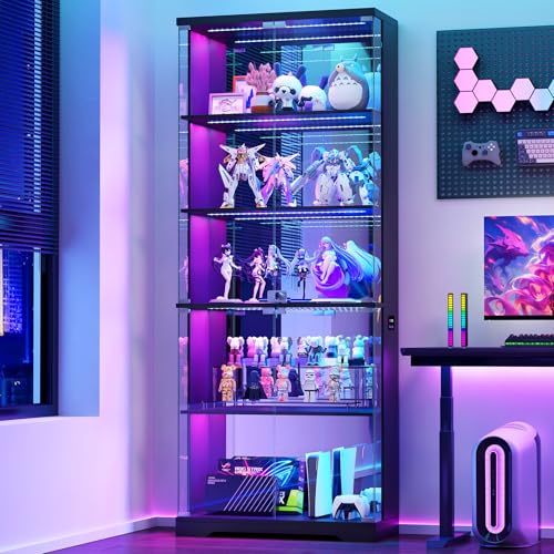 TAGELIER 175cm Glasvitrine mit RGB-Beleuchtung und Glastüren, Schwarz
