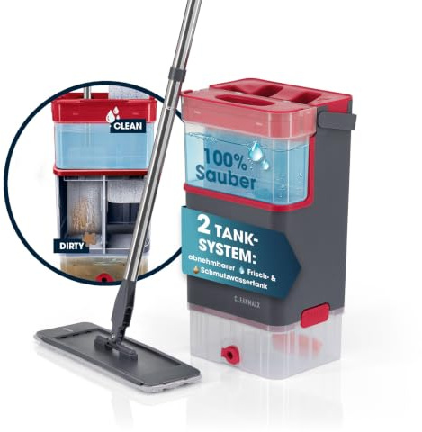 CLEANmaxx Comfort Mopp DuoTank - Lavapavimenti con serbatoi rimovibili, mocio con acqua fresca e sporca separata al 100% igienica, zone Wash & Dry, manico da 132 cm, con 2 panni in microfibra inclusi