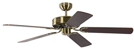 Deckenventilator ohne Beleuchtung Potkuri, Gehäuse Messing Antik, Wendeflügel Walnuss oder Walnuss mit Rattaneinlage , 132 cm, für Räume bis zu 25m²