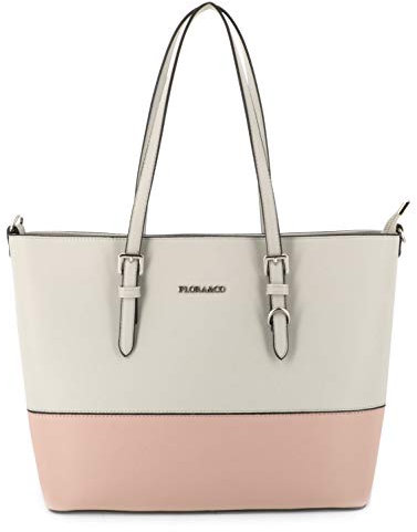 Sac à Main Femme Bicolore - Cabas Fourre-Tout Simili Cuir PU Rigide - Sac Elégant Ville Travail Lycée - Shopper Porté Epaule Grande Capacité A4 - Mode Chic - Gris Rose