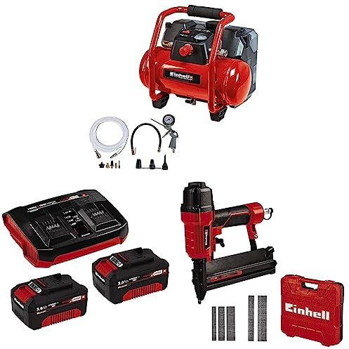 Einhell Akku-Kompressor TE-AC 36/6/8 Li OF Set Power X-Change (36 V, max. 8 bar, 6 l-Tank, 130 l/min Ansaugleistung, Motordrehzahl 16000 min^-1, inkl. 2x 3,0 Ah Akku, Twincharger und Druckluft-Tacker)