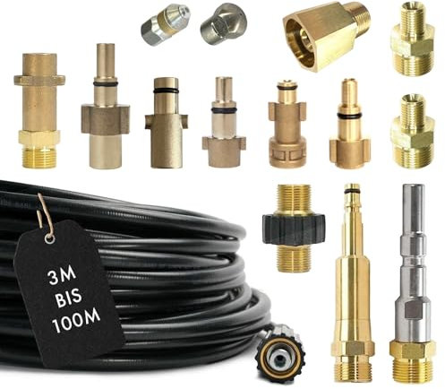 Rohrreinigungsschlauch 15-Teilig für Kärcher Kränzle NILFISK ALTO WAP HD HDS Parkside Black & Decker Bosch Lavor KEW Kinzo Anschluss 1/8 AG M22 x 1,5 IG & Bajonett KEW Quick Connect EASY!Lock 5m