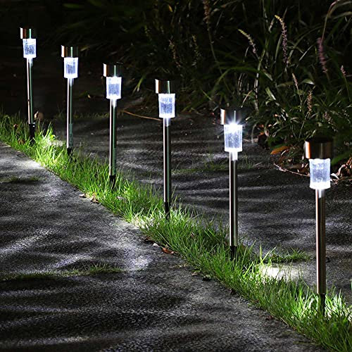 BAKAJI Set 10 Lampade da Giardino LED Ricarica Solare Impermeabili Altezza 30 cm Paletti in Acciaio Luci per Sentieri Segnapasso Illuminazione per esterno Crepuscolare (Luce Bianco Freddo)