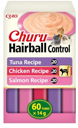 INABA Churu Hairball Control, Snack Pollo y Atún, 60 Sticks x 14g | Snack Suave y Cremoso que Ayuda a Eliminar las Bolas de Pelo, Rico en Fibra para la Digestión, Delicioso, Bajo en Calorías