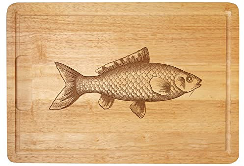 Schneidebrett mit Gravur, Holz Küchenbrett mit Fisch Motiv, Geschenk für Angler, Großes Grillbrett, Holzbrett mit Saftrille, Brotzeitbrett, Hackbrett, Brotbrett, Angel Geschenke für Männer
