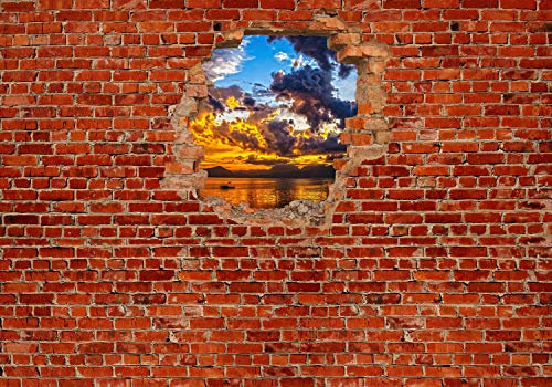 wandmotiv24 Fototapete Sonnenuntergang im See - Roter Backstein, 300 x 210 cm - selbstklebende Strukturtapete, Wanddeko, Wandbild, Wandtapete, 3D-Optik, Wandbruch, Landschaft M0608