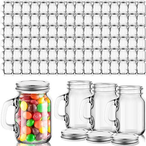 Zubebe 96 Pcs Mini Mason Jar Mugs Mason Jar Mugs with Handles and Lids Small Drinking Glass and DIY Favor Decor Wedding Bridal Shower Party Supplies for Drinks Candles Crafts Gifts, 1.4 oz