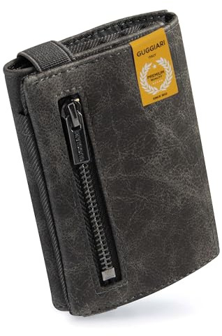 GUGGIARI Porta carte di credito anti-RFID con elastico, tasche per monete e banconote, portafoglio a 4 persiane da uomo, compatto e sottile con tasca per monete, carbone, 10 cm x 7 cm x 1.5 cm