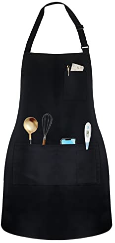 Nideen Chef Apron with Pockets, Black Adjustable Bid Cooking Kitchen Aprons, for Men and Women, Adjustable Apron for Hone Kitchen Restaurant BBQ