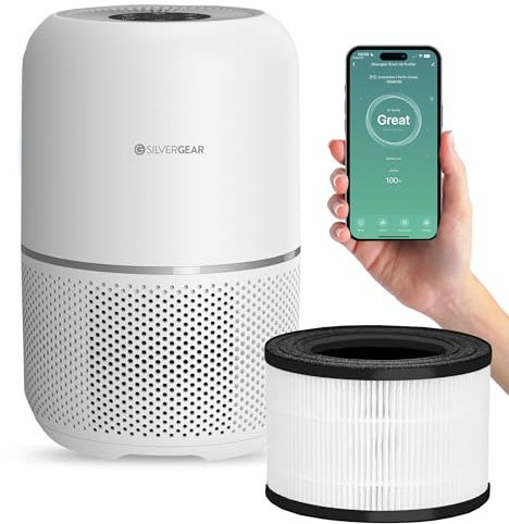 Silvergear® Purificateur d'Air Pro avec APP & Filtre HEPA H13 | Élimine 99,97% des Allergènes | Lampe UV-C & Ioniseur | 4 Vitesses, Minuterie & Commande à Distance | Purificateur Intelligent