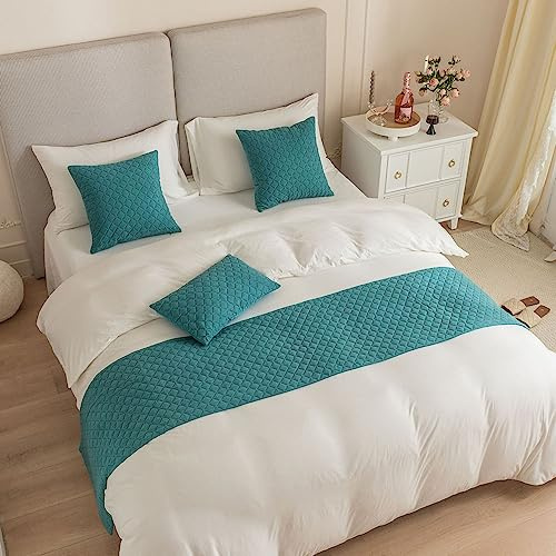 Morbuy Caminos de cama y funda de cojín a juego, bufandas reversibles de jacquard para decoración del hogar, protección de ropa de cama de hotel (45 x 180 cm, azul turquesa)
