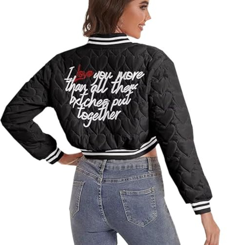 Women's Baseball Varsity Jacket Cropped Bomber Quilted Jackets Vintage Casual Lightweight Crop Top Coat