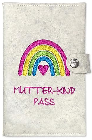 Goldi-Design mutterkindpasshülle österreich Regenbogen pink mit extra Fächern und Verschluss aus Wollfilz (weiß meliert)