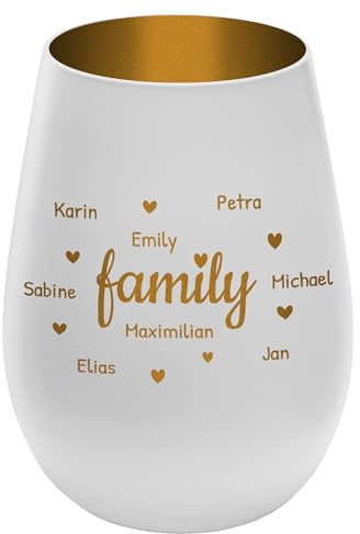 Windlicht mit Gravur Family - personalisierbar mit Namen - Weiß/Gold - Höhe 12 cm - Teelichthalter Kerzenhalter Vornamen Familienmitglieder