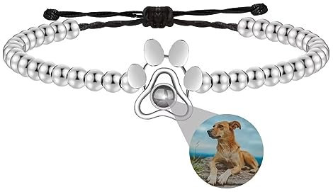 Liskanap Foto Armband Runde Perle Projektion Armband Personalisierte mit Eigenen Bild im Stein Lupe Pfote Foto Armbander Versteckte Fotoarmband für Damen Frauen Herren Männer Silber Rose Gold Schwarz