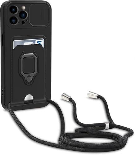 Esakycn Crossbody Case for iPhone 15 6.1 with Camera Cover, Phone Case Silicone with Roating Ring Stand, Card Holder with Adjustable Strap Lanyard Shockproof Protective Cover. Black