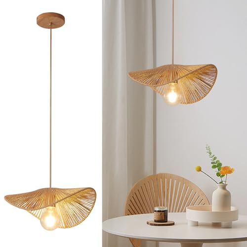 Bomluzo Boho Rattan Pendant Light Fixture Modern Style Hanging Light Bamboo Handwoven 1-Light Hanging Lamp for Farmhouse Bedroom Living Room Dining Room