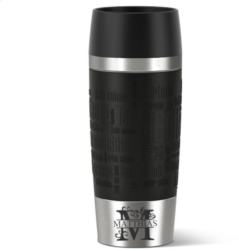 Emsa Isolierbecher 360ml mit Gravur Monogramm/Buchstabe (+ Name) Travel Mug Manschette schwarz, personalisierter Kaffeebecher Teebecher, Motiv MO1