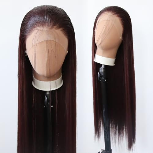 Towarm 99J - Parrucca sintetica con attaccatura frontale in pizzo e capelli lunghi lisci, colore bordeaux, con attaccatura dei capelli naturale, per donne nere, resistente al calore, per cosplay, uso