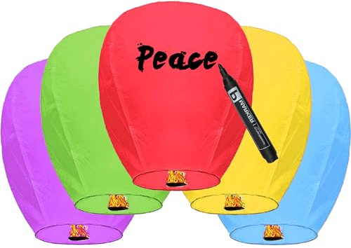 5 Pack Multi-Colour Chinese Lantern, Sky Lanterns, Biodegradable Memorial Fire Resistant Paper Wishing Lanterns to Release in Sky for Parties and Festivals, Flying Fire Lanterns