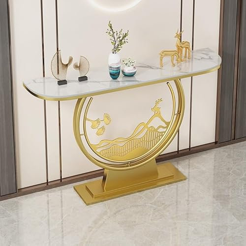 EpuzeR Konsolentisch schwarz/Gold, Flurtisch Eingangstisch Schmal mit Sockel aus Metall, Beistelltisch, Metallrahmen, for Wohnzimmer, Flur und Balkon,100 * 30 * 80cm (Color : Gold+White)