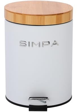 simpa 5L 5 Litre Matt White Slim Soft-Closing Pedal Dustbin with Bamboo Lid