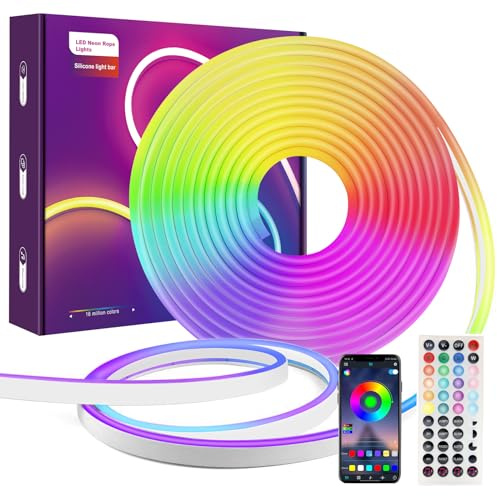 Neon LED Strip Light, 16.4Ft Waterproof RGB Light Strip with App/Remote Control, 24V Flexible Rope Lights, Multiple Mode,Music Sync Gaming,Suitable for Indoor Outdoor Decoration